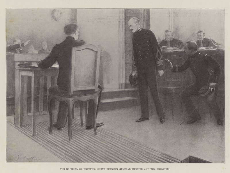 Het herproces van Dreyfus, scène tussen generaal Mercier en de gevangene door Louis Remy Sabattier