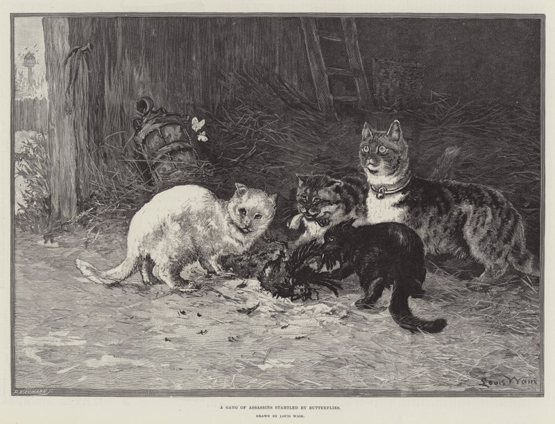Een bende moordenaars opgeschrikt door vlinders door Louis Wain