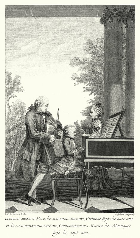 Leopold Mozart speelt muziek met zijn dochter Marianne en zoon Wolfgang (gravure) door Louis Carrogis (after) Carmontelle