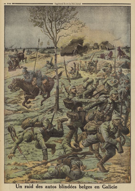Belgische pantserwagens in dienst van het Russische leger van generaal Brusilov die Duitse troepen aanvallen in Galicië, Eerste Wereldoorlog door Louis Charles (after) Bombled
