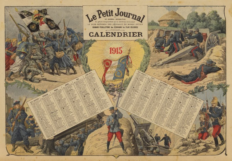 Kalender voor 1915, met slagveldscènes uit de Eerste Wereldoorlog door Louis Charles (after) Bombled