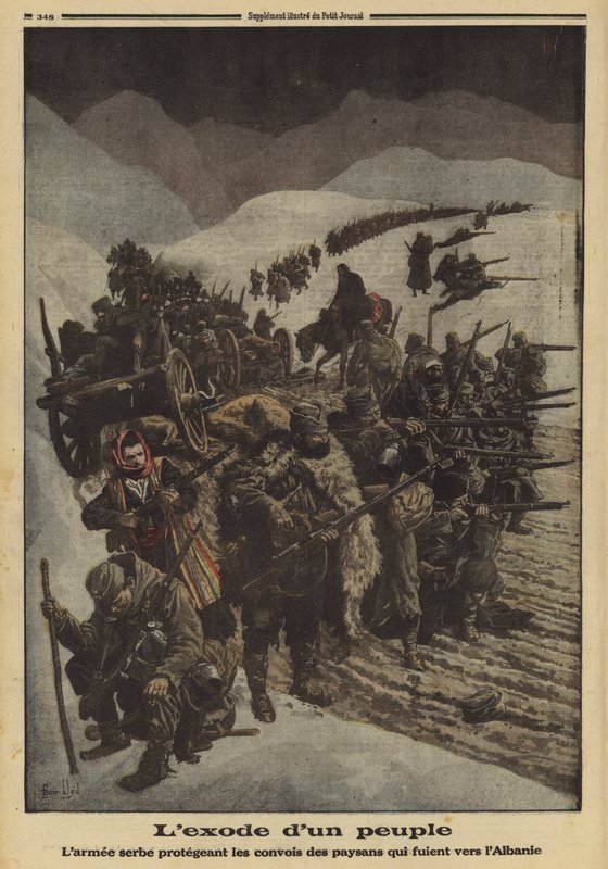 Exodus van een volk: het Servische leger beschermt een colonne boeren die naar Albanië vluchten, Eerste Wereldoorlog door Louis Charles (after) Bombled