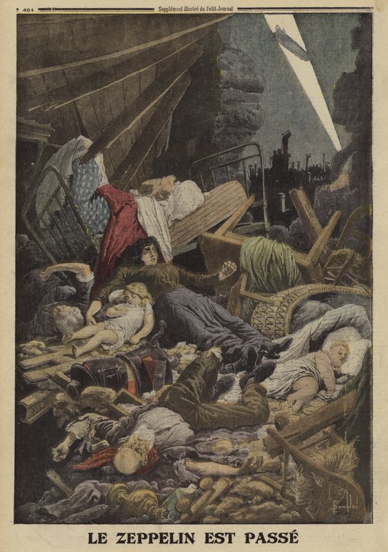 Familie gedood bij een bombardement door een Duitse Zeppelin, Eerste Wereldoorlog, 1916 door Louis Charles (after) Bombled