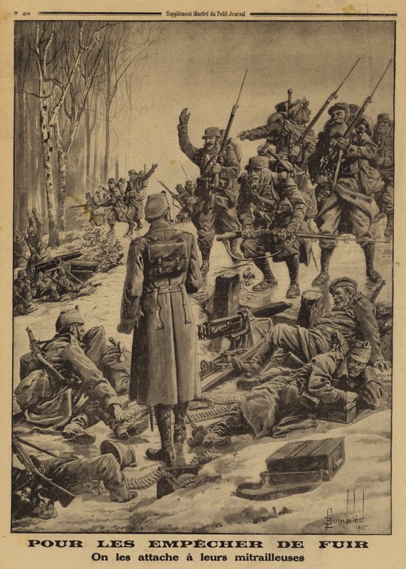 Franse soldaten veroveren een Duitse positie bemand door vijandelijke soldaten die door hun officieren aan hun machinegeweren zijn vastgemaakt om hen te beletten te vluchten, Eerste Wereldoorlog door Louis Charles (after) Bombled