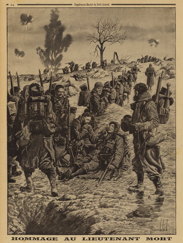 Franse soldaten betuigen hun respect aan een gesneuvelde luitenant, Eerste Wereldoorlog door Louis Charles (after) Bombled