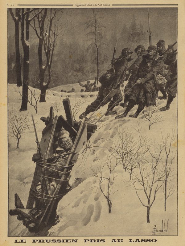 Duitse soldaat in een wachthuisje gevangen door Franse Chasseurs Alpins met een lasso, Eerste Wereldoorlog door Louis Charles (after) Bombled