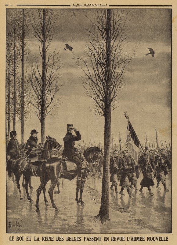 Koning Albert I en koningin Elisabeth van de Belgen inspecteren hun nieuwe leger, Eerste Wereldoorlog door Louis Charles (after) Bombled