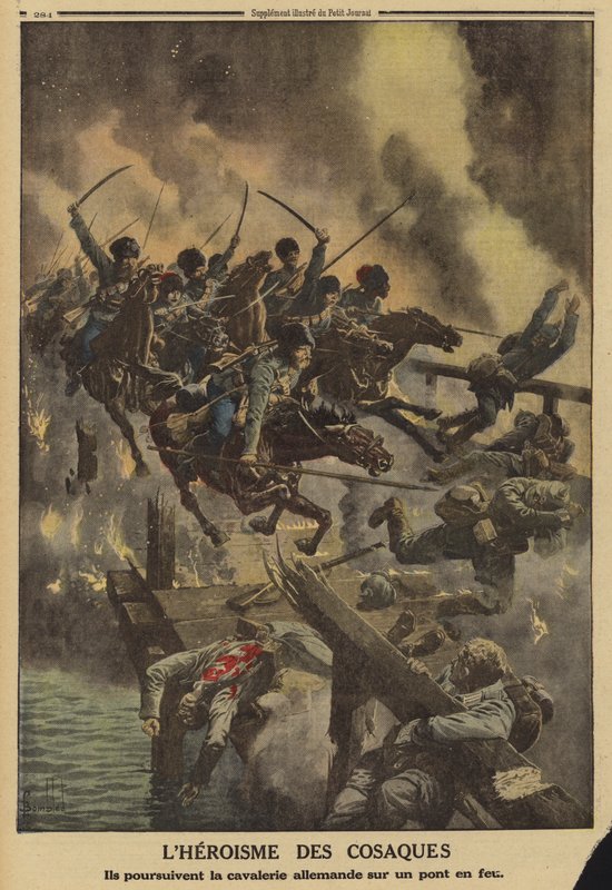 Russische Kozakken achtervolgen Duitse cavalerie over een brandende brug over de rivier Strypa, Eerste Wereldoorlog door Louis Charles (after) Bombled