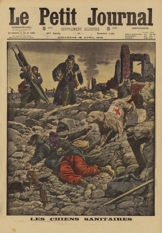 Gebruik van reddingshonden om gewonden te zoeken, Frankrijk, Eerste Wereldoorlog, 1915 door Louis Charles Bombled