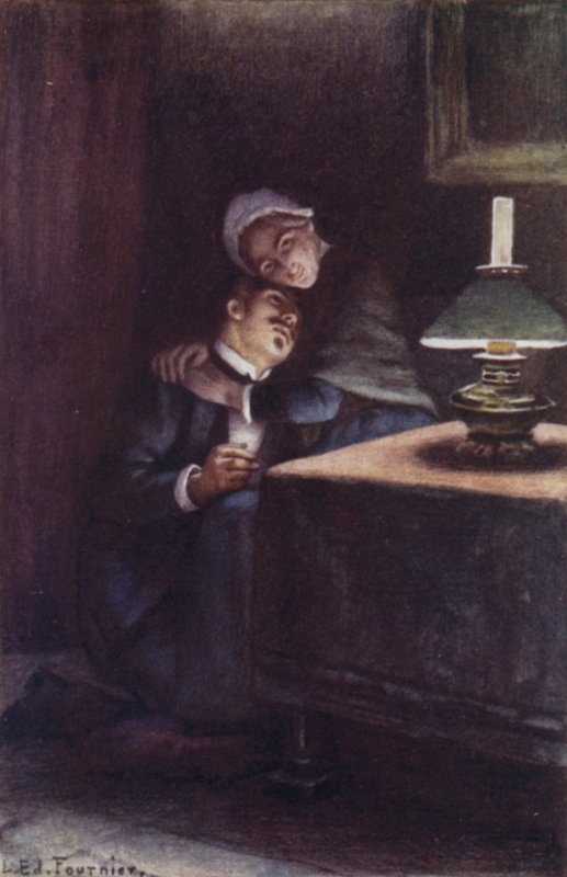 Zijn zware, wollige hoofd op haar knie, herinnerde hij zich de gelukkige avonden van zijn jeugd door Louis Edouard Paul Fournier