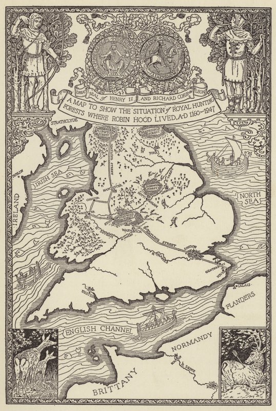 Een kaart om de situatie van Koninklijke Jachtbossen te tonen waar Robin Hood leefde, AD 1160-1247 door Louis John Rhead