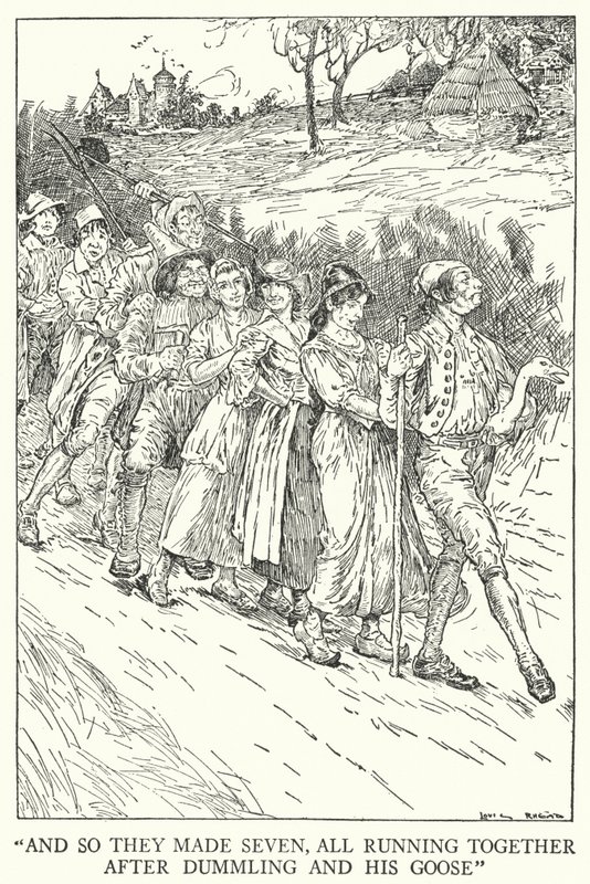 "En zo maakten ze zeven, allemaal rennend achter Duimelot en zijn gans aan" door Louis John Rhead