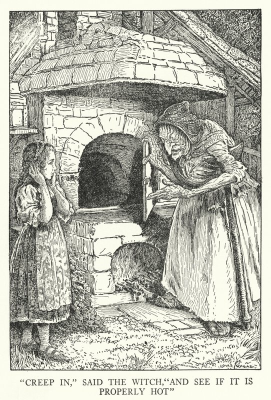 "Kruip erin," zei de heks, "En kijk of het goed heet is" door Louis John Rhead
