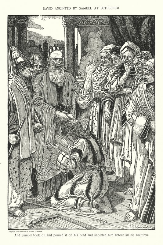 David gezalfd door Samuel in Bethlehem door Louis John Rhead