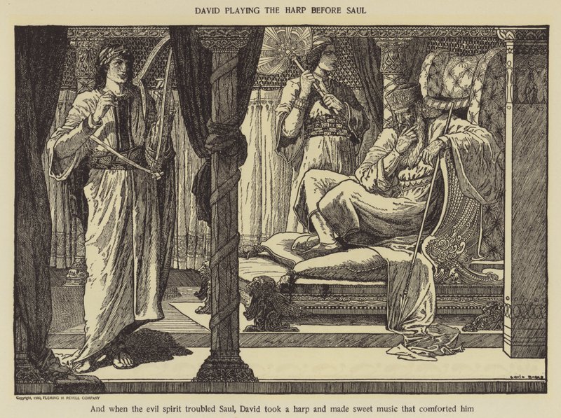 David speelt harp voor Saul door Louis John Rhead