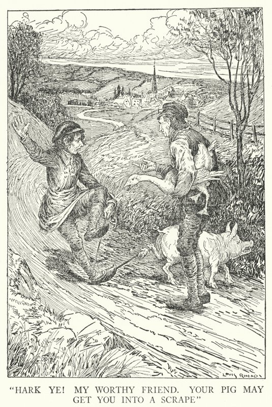 "Luister! Mijn waarde vriend, je varken kan je in de problemen brengen" door Louis John Rhead