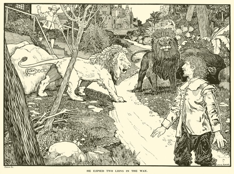 Hij zag twee leeuwen op de weg door Louis John Rhead