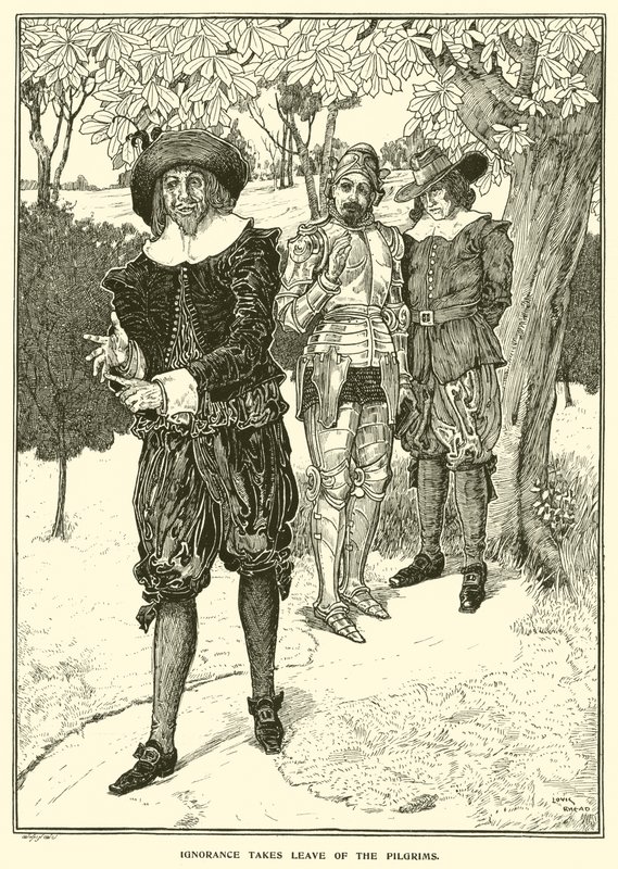 Onwetendheid neemt afscheid van de pelgrims (gravure) door Louis John Rhead