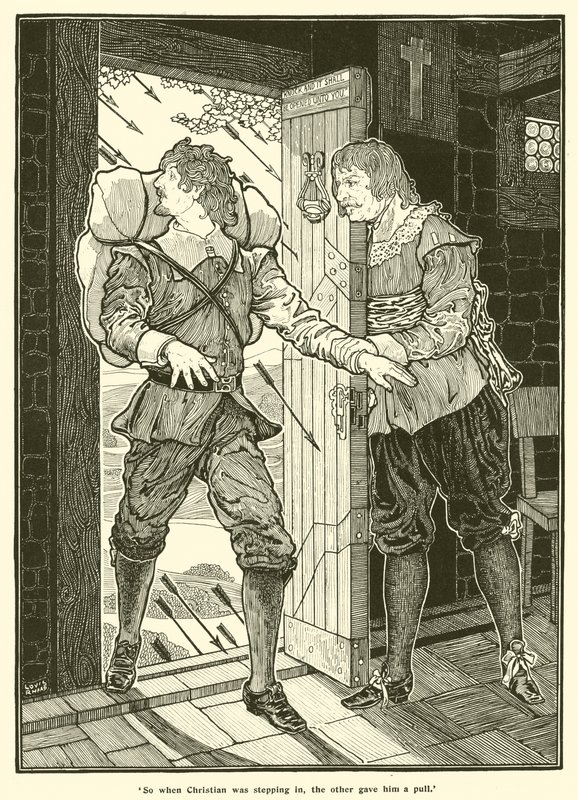 Dus toen Christian binnenstapte, gaf de ander hem een ruk (gravure) door Louis John Rhead