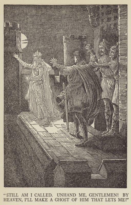 Nog steeds word ik geroepen, laat me los, heren! bij de hemel, ik maak een geest van hem die me tegenhoudt! door Louis John Rhead