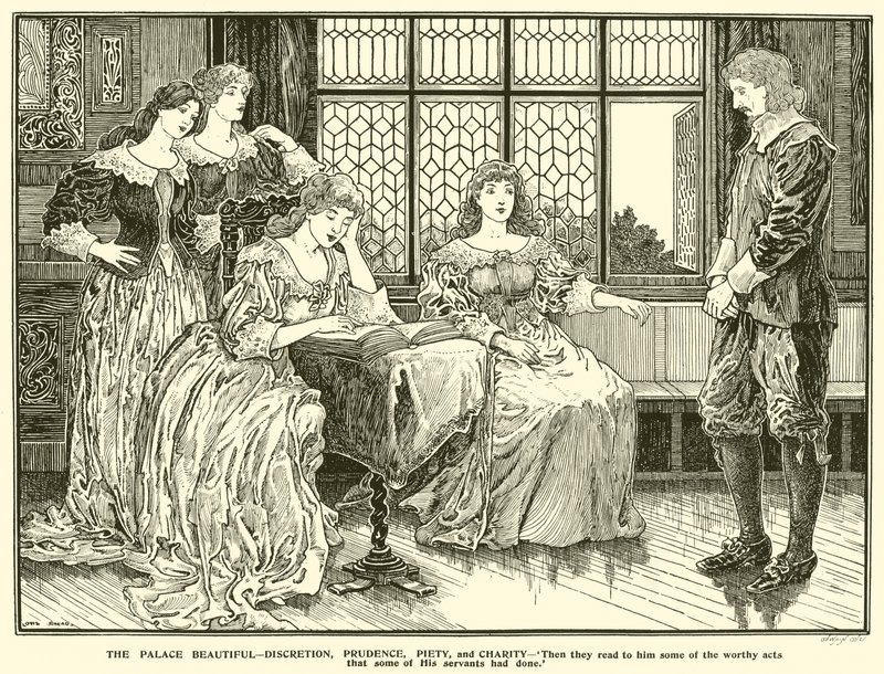 Het Prachtige Paleis, Discretie, Voorzichtigheid, Vroomheid en Liefdadigheid (gravure) door Louis John Rhead
