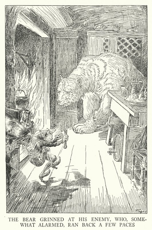 De beer grijnsde naar zijn vijand, die enigszins geschrokken een paar passen terugdeinsde (litho) door Louis John Rhead