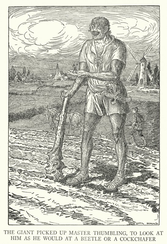 De reus pakte Meester Duimelot op, om naar hem te kijken zoals hij naar een kever of een meikever zou kijken door Louis John Rhead