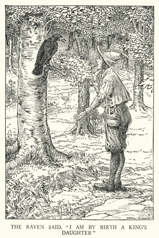 De raaf zei: "Ik ben van geboorte een koningsdochter" (litho) door Louis John Rhead