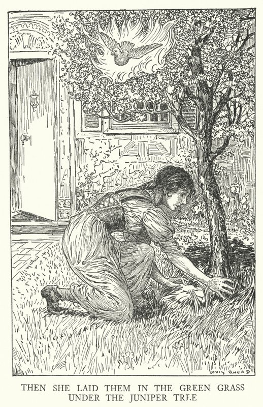 Toen legde ze hen in het groene gras onder de jeneverboom (litho) door Louis John Rhead