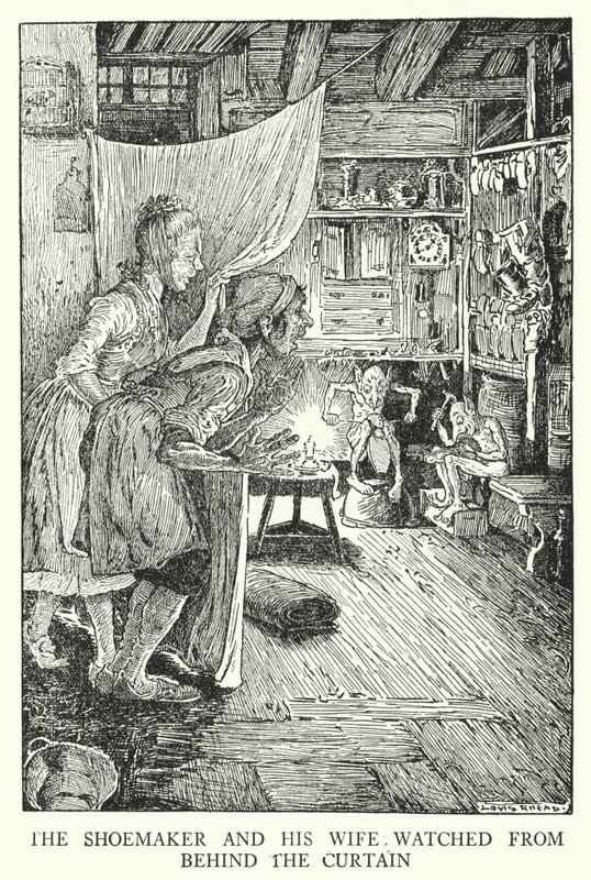 De schoenmaker en zijn vrouw keken vanachter het gordijn (litho) door Louis John Rhead