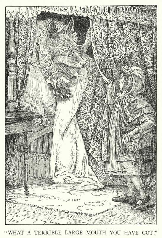 "Wat een verschrikkelijk grote mond heb je!" (litho) door Louis John Rhead