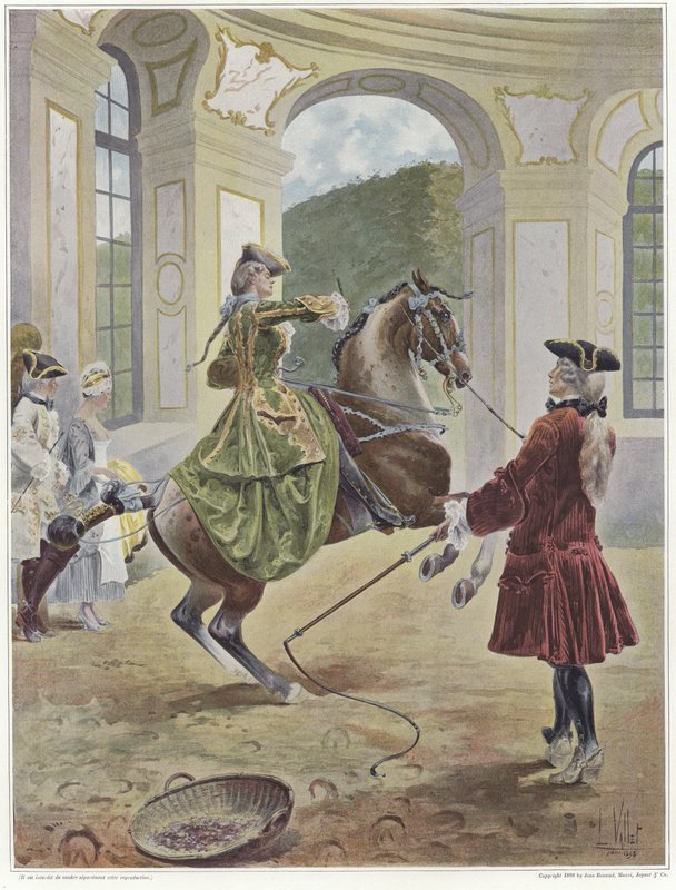 Een vrouw die een paard berijdt dat steigert voor een man met een zweep door Louis Vallet