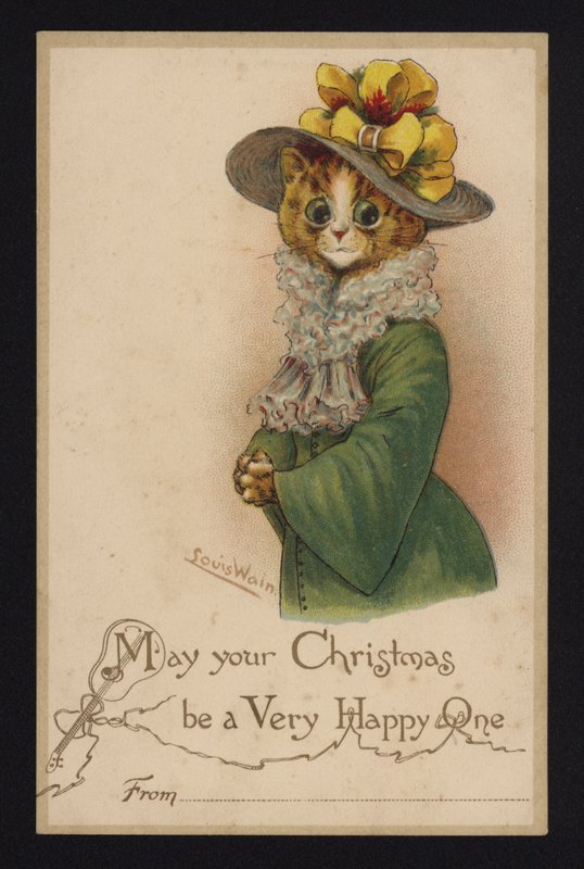 Kat met een dameshoed en jas, kerstgroetkaart door Louis Wain