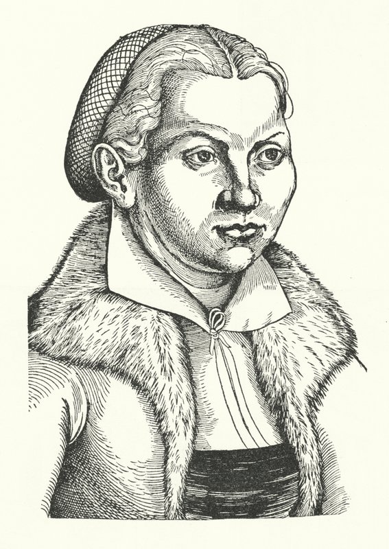 Katharina von Bora, vrouw van de Duitse protestantse hervormer Maarten Luther (gravure) door Lucas the Elder (after) Cranach