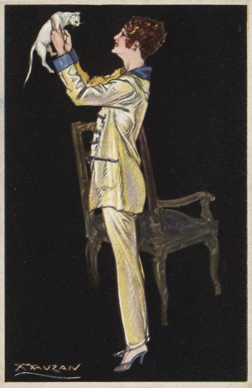 Meisje in pyjama met witte kat door Luciano Achille Mauzan