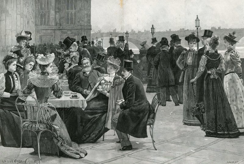 Het Lagerhuis: Thee op het terras (litho) door Lucien Davis