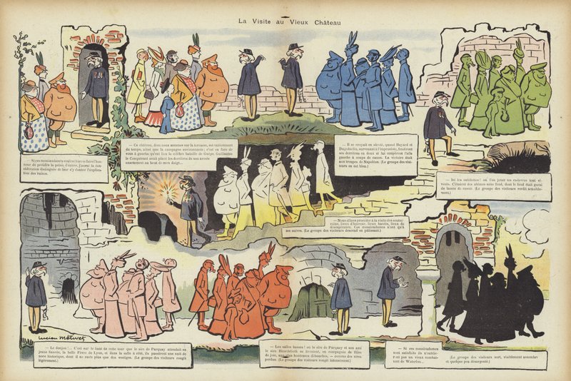 Bezoek aan het oude kasteel. Illustratie voor Le Rire door Lucien Metivet