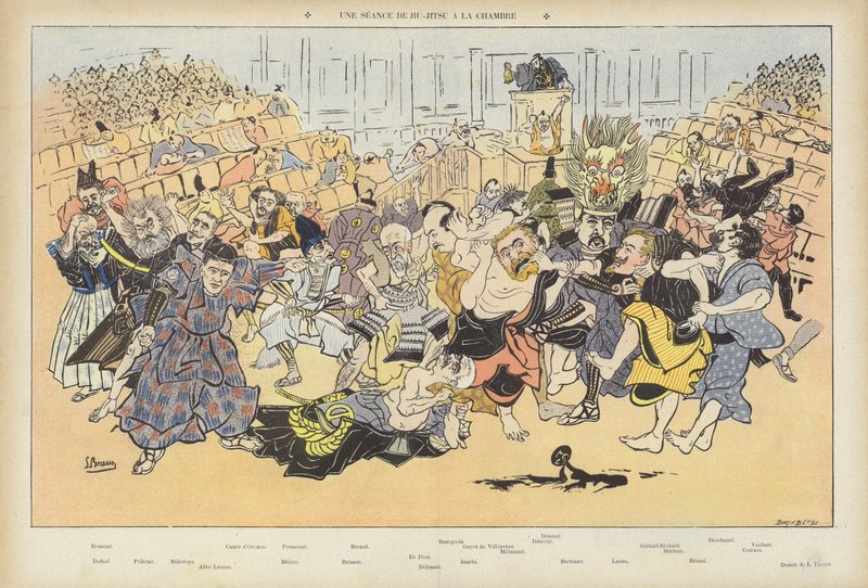 Een sessie ju-jitsu in de kamer. Illustratie voor Le Rire door Ludwig Braun