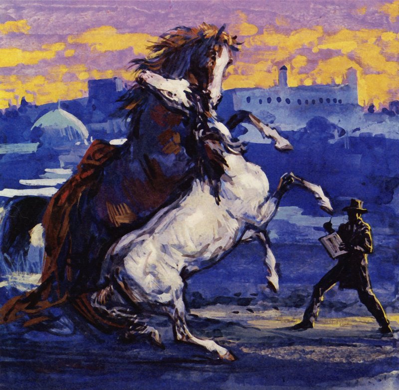 Delacroix zag twee wilde hengsten vechten en, zonder rekening te houden met het risico, schetste hij het tafereel (kleurenlitho) door Luis Arcas Brauner