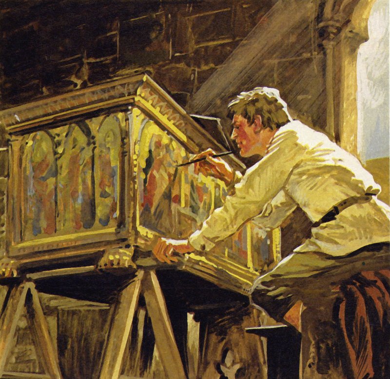 Duccio di Buoninsegna werkte in Siena aan het decoreren van dozen (kleurenlitho) door Luis Arcas Brauner
