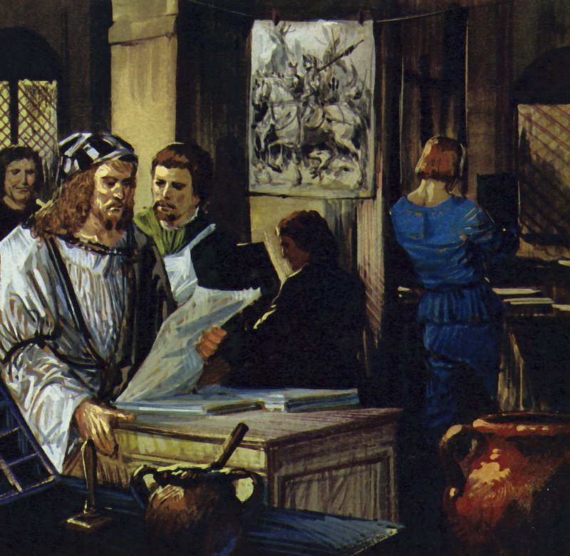 Durer ging naar Bazel en werd xylograaf (houtgraveur) (kleurenlitho) door Luis Arcas Brauner