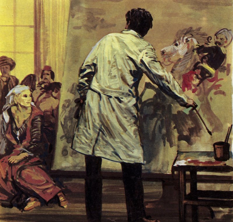 Eugene Delacroix schilderde anderhalf jaar lang "Het bloedbad van Scio" (kleurenlitho) door Luis Arcas Brauner