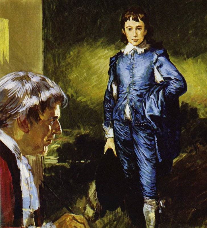 Gainsborough schildert zijn beroemde portret Blue Boy (kleurenlitho) door Luis Arcas Brauner