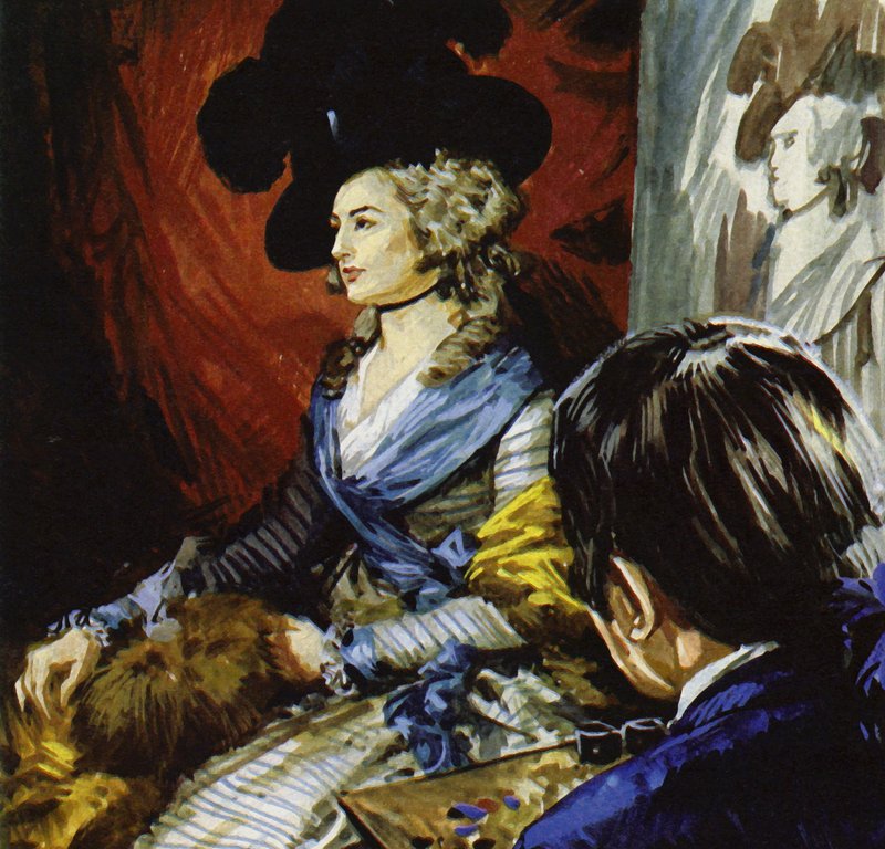 Gainsborough reisde naar Londen om de actrice Mrs Siddons te schilderen (kleurenlitho) door Luis Arcas Brauner