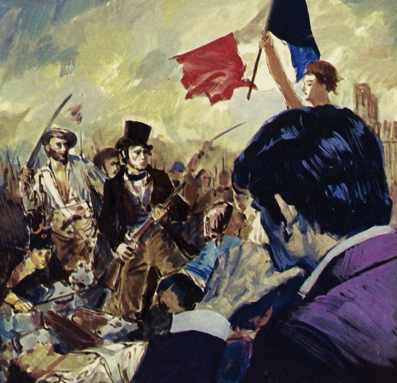 De Franse Revolutie inspireerde Eugene Delacroix tot het schilderen van de Vrijheid die het Franse volk leidt (kleurenlitho) door Luis Arcas Brauner
