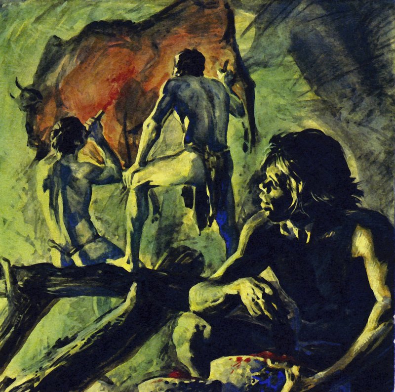 De grotschilderingen in Altamira werden 15.000 jaar geleden gemaakt (kleurenlitho) door Luis Arcas Brauner