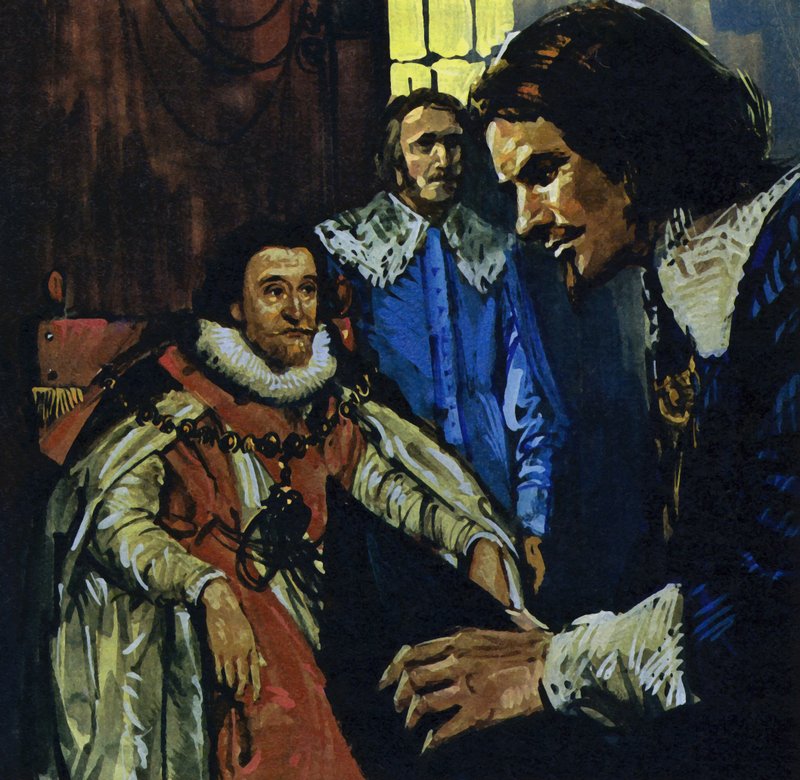 Van Dyck kwam onder de aandacht van de graaf van Arundel die hem voorstelde aan koning James I (kleurenlitho) door Luis Arcas Brauner