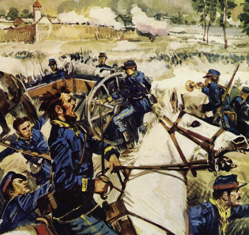 Toen de oorlog uitbrak tussen Frankrijk en Pruisen ging Manet bij de artillerie (kleurenlitho) door Luis Arcas Brauner