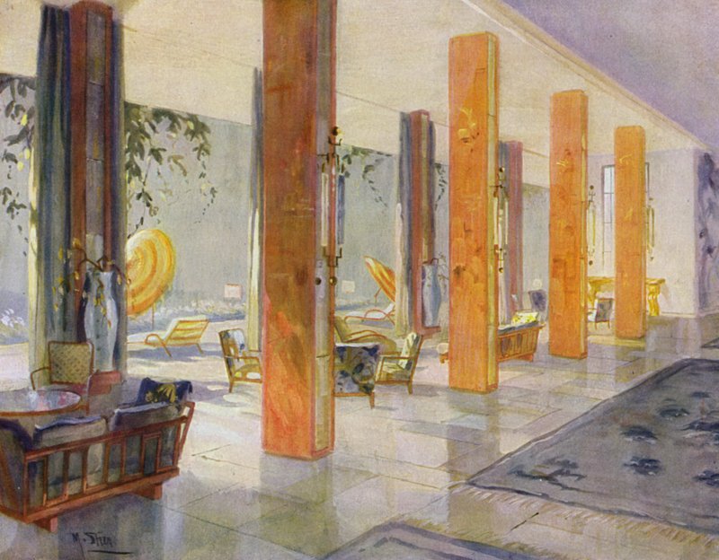 1930s interieurs: Tuinhal van een hotel door M. Stier