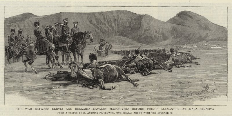 De oorlog tussen Servië en Bulgarije, cavalerie manoeuvres voor Prins Alexander bij Mala Tirnova door Maksymiljan Antoni Piotrowski